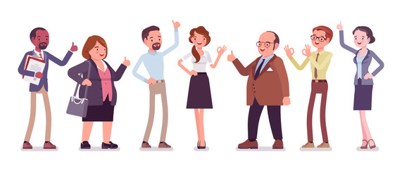 Obraz premium Recommendation and approval by different business workers. Group of diverse people showing agreement, feeling, having a positive opinion, recommend best choice. Vector flat style cartoon illustration