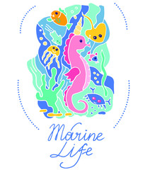 Colored Vector illustration. Marine life. Underwater world with seahorse, crab, fish, Stingray, seaweed, squid. Doodle style. Cute cartoon animals. Isolated on white background. 