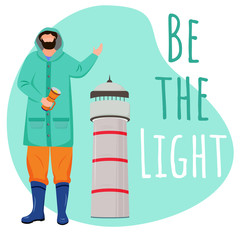 Be the light social media post mockup. Lighthouse keeper. Inspirational web banner design template. Social media booster, content layout. Poster, print ads with flat illustrations