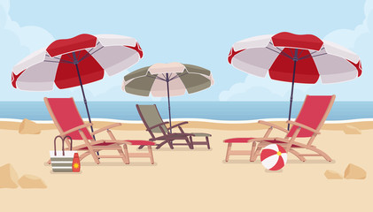 Sea vacation beach chairs. Place for reflection, relaxation and renewal to experience journey therapy, family friendly resort welcoming and waiting for tourist. Vector flat style cartoon illustration