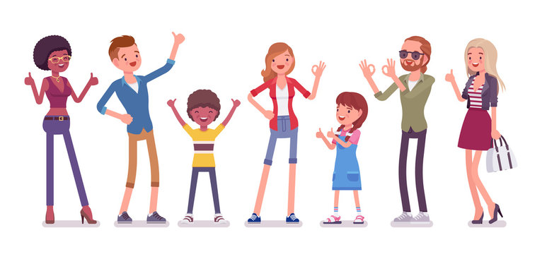 Recommendation and approval. Group of diverse people showing gesture of agreement, good or acceptable, feeling, having a positive opinion, recommend best choice. Vector flat style cartoon illustration