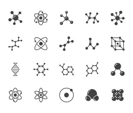 Molecule flat glyph icons set. Chemistry science, molecular structure, chemical laboratory dna cell protein vector illustrations. Signs scientific research. Silhouette pictogram pixel perfect 64x64