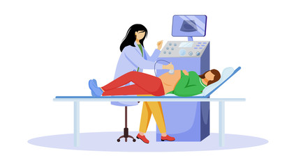 Ultrasound screening checkup of fetus flat vector illustration. Pregnancy healthcare. Pregnant woman with doctor gynecologist in clinic isolated cartoon characters on white background