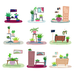 Set of hand-drawn flat interiors with house plants.