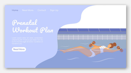 Prenatal workout plan landing page vector template. Aqua fitness class for pregnant website interface idea with flat illustrations. Happy pregnancy homepage layout. Web banner, webpage cartoon concept