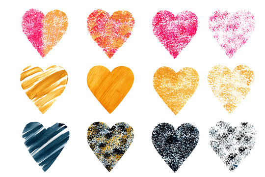 Great set of hand drawn gold, pink and black hearts on white background. Valentine's day collection.