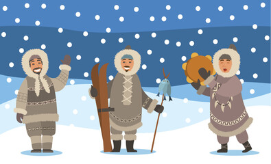 Winter landscape with snowfall and set of eskimos. Man and woman representatives of inuits. Arctic people waving hand, holding ski equipment and hunted fish on stick. Female singing songs vector - obrazy, fototapety, plakaty