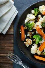 fried vegetables in a pan, vegetarian food, grilled vegetables, fried broccoli cabbage and carrots in a pan