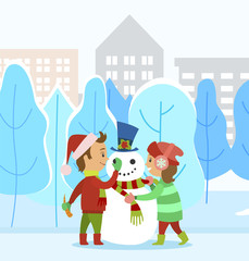 Children making snowman together, outdoor snow sculpture. Little boy and girl actively spend time on winter holidays. City buildings and trees on background. Vector illustration in flat style