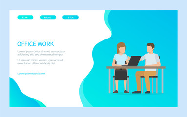 Fototapeta na wymiar Office work web design, man and woman sitting together at desktop using laptop. Teamwork of employees, job with pc, workplace and workers vector. Website or webpage template, landing page flat style
