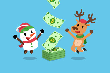 Vector cartoon happy christmas reindeer and snowman earning money for design.