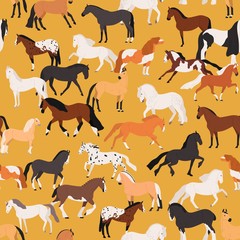 Horses seamless pattern flat vector illustration. Mare and stallion of different breeds on yellow background. Farm animal backdrop. Equine texture. Wallpaper, wrapping paper design.