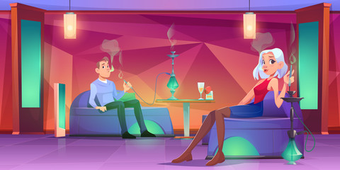 People in shisha bar, man and woman smoking hookah sitting on comfortable couches, drinking beverages. chillums in cafe lounge in arabic or turkish style with muffled light Cartoon vector illustration