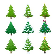 Green fir tree, decorated and covered with snow. Christmas trees set. Isolated spruce on white background. Vector illustration, greeting card, poster, icon in cartoon style
