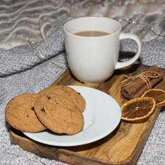 Cozy winter composition. Cookies, cinnamon, and other cute elements