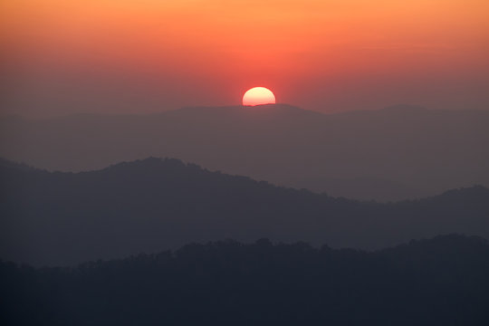 The sun rises and the sun sets at Pilok sub-district, Kanchanaburi province, Thailand.