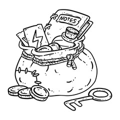 Adventurer pack lineart illustration for coloring. Fantasy character pouch with magical items. Treasure bag comic style doodle. Gold coins, key, potion