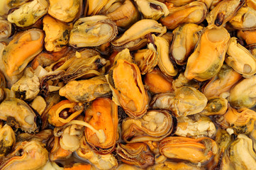Delicious cooked vinegar preserved pickled mussels background