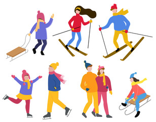 Fototapeta na wymiar Set of winter characters with hobbies. Isolated collection of people leading active lifestyle. Woman and man skiing. Kid with sledges. Child figure skating. Walking couple in love. Vector in flat
