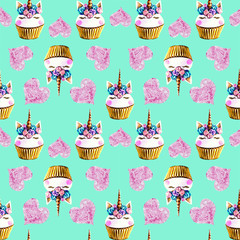 unicorns cupcakes seamless pattern blue background