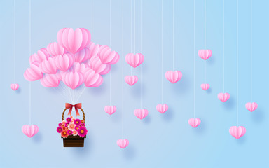 heart and flower in the sky, valentine day,paper art style,vector design