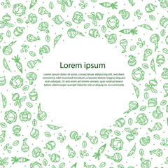 Frame for text with an ornament of vegetables and fruits. Vegan background. Vector illustration