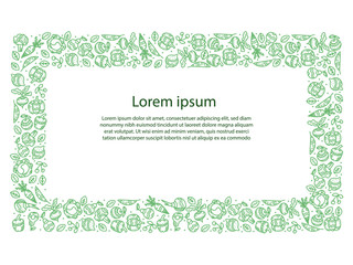 Frame for text with an ornament of vegetables and fruits. Vegan background. Vector illustration