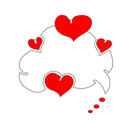 Speech bubble with copy space for text and red hearts. Flat vector love and romance tattoo. Valentine's day symbols with abstract cloud for congratulations, thoughts, ideas. Pop art romantic print.