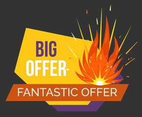 Hot price, reduction of cost promotional banner with explosion. Discount with star symbolizing rate. Discount in store on black friday. Sale proposal from shops and stores for shoppers, vector in flat