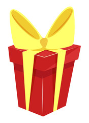 Cube shaped red box tied by yellow ribbons and bow. Big festive knot with tape on present package. Gift inside big carton receptacle isolated on white background. Vector illustration in flat style