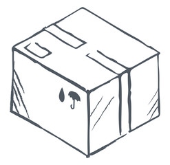 Box isolated icon sketch, package with tapes and special signs. Monochrome outline of pack for storing items. Delivery of production. Carton pack with umbrella and drop symbols, vector in flat style