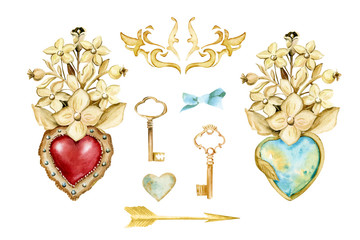 Watercolor Vintage Jewelry Hearts Clipart. Valentines Day cards Wedding templates. Hand Painted. Antique clipart. Sacred heart. Scrapbooking