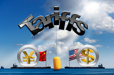  USA and China trade war concept. Customs tariffs in the sea with two cargo ships with national...