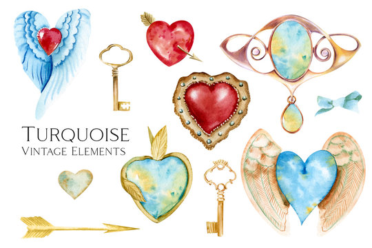 Watercolor Vintage Jewelry Hearts Clipart. Valentines Day cards Wedding templates. Hand Painted. Antique clipart. Sacred heart. Scrapbooking