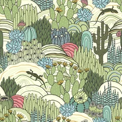 Cacti, succulents and lizards on outdoor, floral landscape, seamless pattern, environment. Vector hand drawn illustration in vintage style, colorful print.