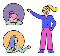 Women talking with each other. Young lady in full length points to girl by hand. People posing and speaking in round pictograms. Minimalistic vector illustration of conversation in flat style