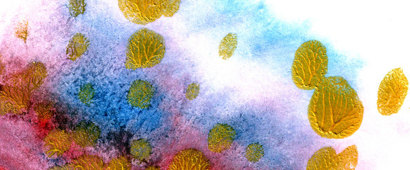 Fototapeta na wymiar watercolor background. aquires. abstract multicolored background. blue, pink paint, gold smears. gentle overflows. concept of love, spring, nature