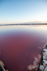 Nature reserve Saline Margherita di Savoia, Apulia, Italy: The salt pan. Salt flats area for sea salt production. Coastal ecosystem on Adriatic sea. Red waters colored by alga Dunaliella salina