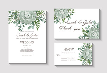 Wedding invitation with leaves eucalyptus and Succulent flowers, watercolor, isolated on white. Vector Watercolour.