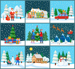 Christmas celebration, set of landscapes and characters in winter. Car with pine and presents. Santa Claus in forest with bag. Couple exchanging boxes. Snow sculptures and dad with kid on sled vector