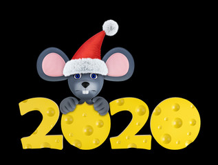 Happy new year 2020 greeting card with cute mouses and cheeses isolated on black. Animal wildlife holidays cartoon character. 3d render.