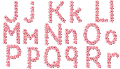 English alphabet from flowers of pink roses, letter J,K,L,M,N,O,P,Q,R.