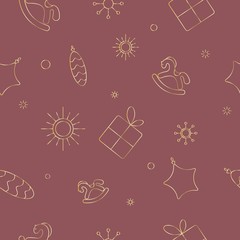 Red Christmas pattern with golden  tree ornaments. Seamless background with Christmas ornaments.