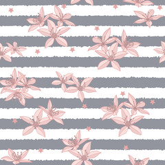 Vector pink flower grey striped background seamless pattern print