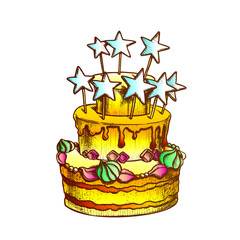 Birthday Cake Decorated With Stars Retro Vector. Birthday Celebration Pie With Ornamental Buttercream Engraving Concept Template Hand Drawn In Vintage Style Color Illustration