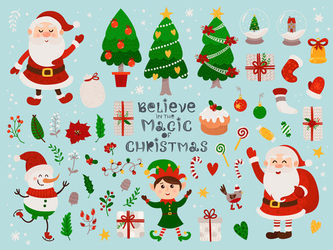 Christmas set with isolated cute gnome, Santa Claus and different items