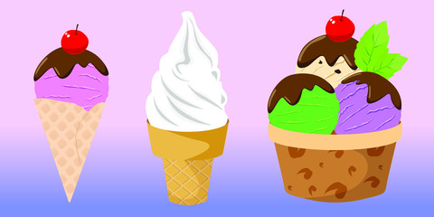 Set of ice cream with chocolate, cherry and fresh mint on top vector illustration.