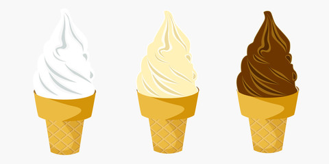 Set of ice cream cones vector illustration. Fresh milk, vanila and chocolate ice cream.