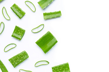 Aloe Vera cut pieces with slices on white background.