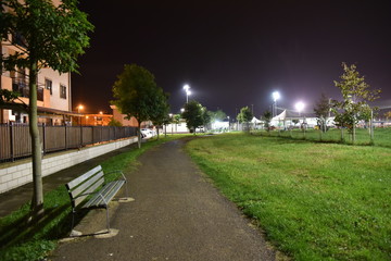 Park by Night with Bench Illuminated by Lamps